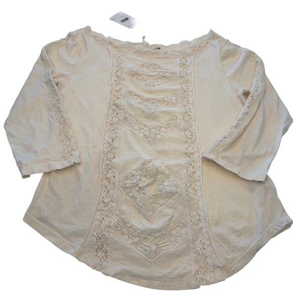 Free People Ivory Cream Lace Top 3/4 Length Sleeve Sz Large NWT - Picture 2 of 13